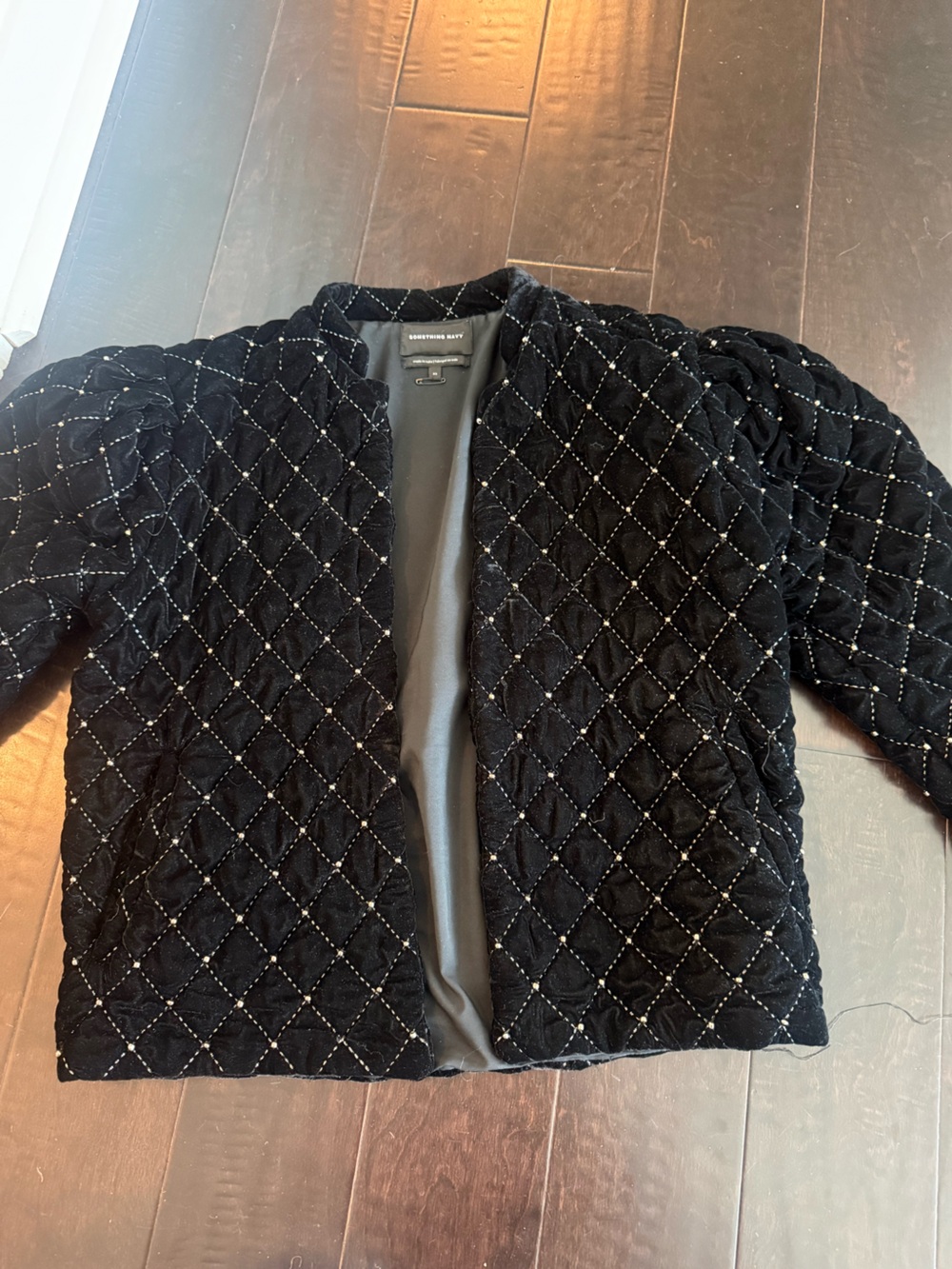 Something Navy Black Quilted Velvet Open Jacket with Metallic Stitching